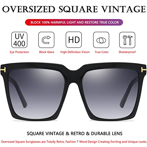 AIEYEZO Oversized Square Fashion Sunglasses UV400 (Black/Grey Gradient)