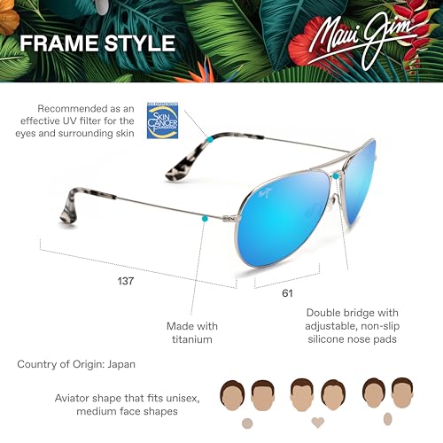 Maui Jim Polarized Aviator Sunglasses, Silver/Blue Hawaii