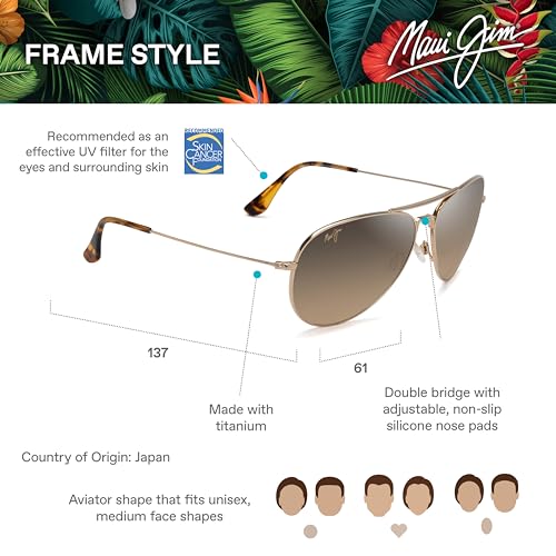 Maui Jim Mavericks Polarized Aviator Sunglasses, Gold/Bronze