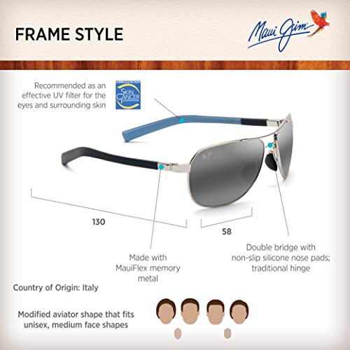 Maui Jim Guardrails Polarized Aviator Sunglasses, Silver/Blue/Grey, Medium