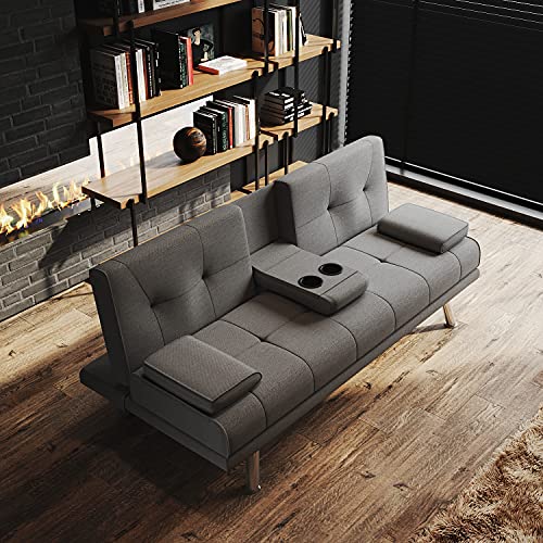 Modern Dark Gray Fabric Sofa Bed with Cup Holders