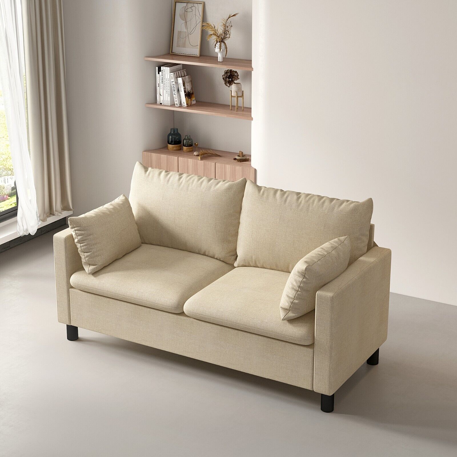 Linen Fabric Loveseat Sofa with Side Cushions - Modern