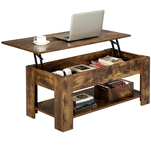 Rustic Brown Lift Top Coffee Table with Storage Shelf