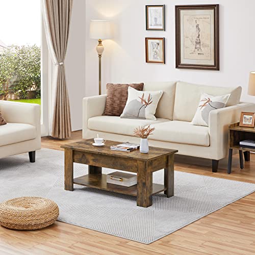 Rustic Brown Lift Top Coffee Table with Storage Shelf