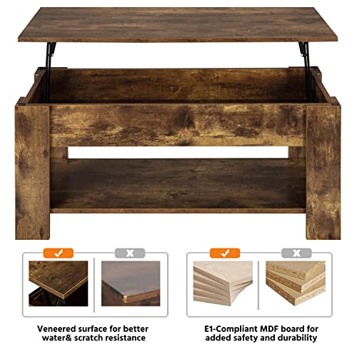 Rustic Brown Lift Top Coffee Table with Storage Shelf