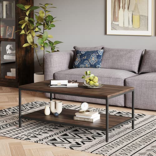 Modern Industrial 2 Tier Coffee Table with Storage Shelf
