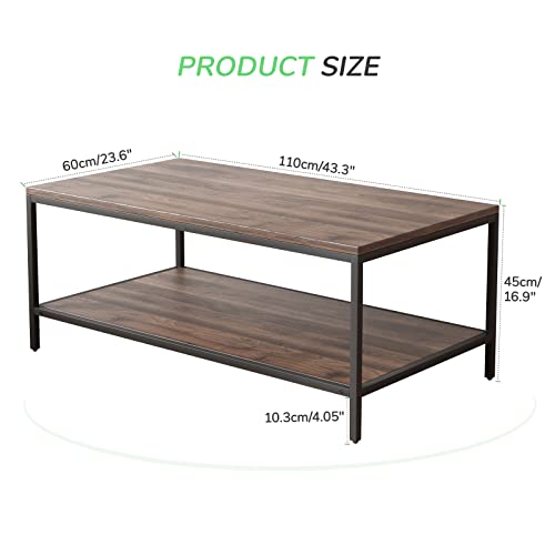 Modern Industrial 2 Tier Coffee Table with Storage Shelf