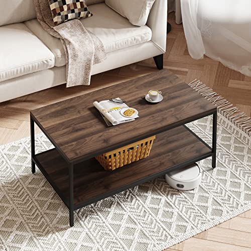 Modern Industrial 2 Tier Coffee Table with Storage Shelf