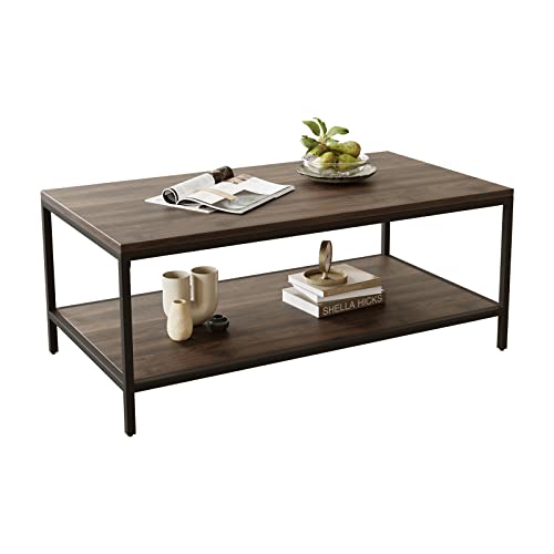Modern Industrial 2 Tier Coffee Table with Storage Shelf