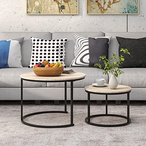 Round Nesting Coffee Table Set, Industrial Style, Black/Oak