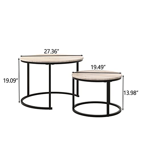 Round Nesting Coffee Table Set, Industrial Style, Black/Oak