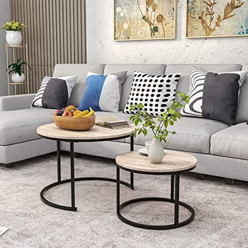 Round Nesting Coffee Table Set, Industrial Style, Black/Oak