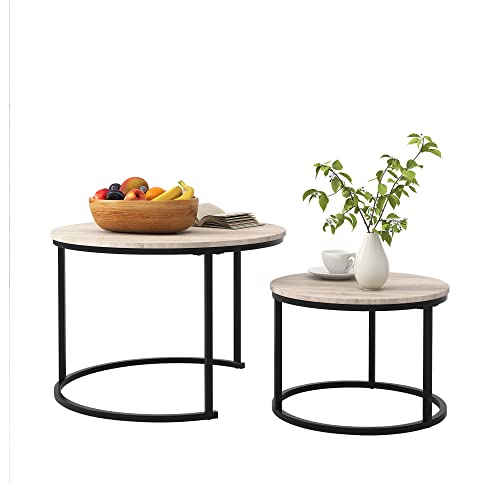 Round Nesting Coffee Table Set, Industrial Style, Black/Oak