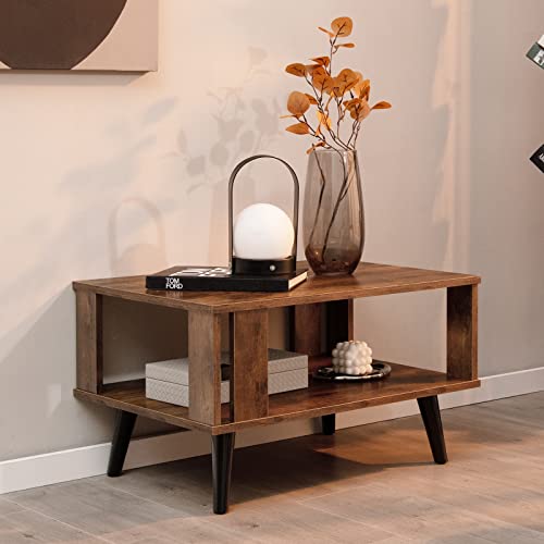 CASART 2-Tier Industrial Wooden Coffee Table with Storage Shelf & Side Baffles