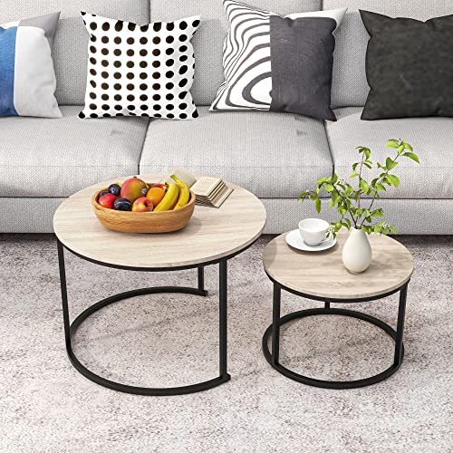 Round Nesting Coffee Table Set, Industrial Style, Black/Oak