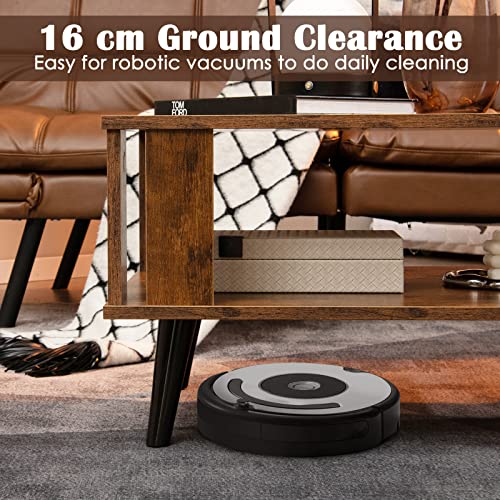 CASART 2-Tier Industrial Wooden Coffee Table with Storage Shelf & Side Baffles