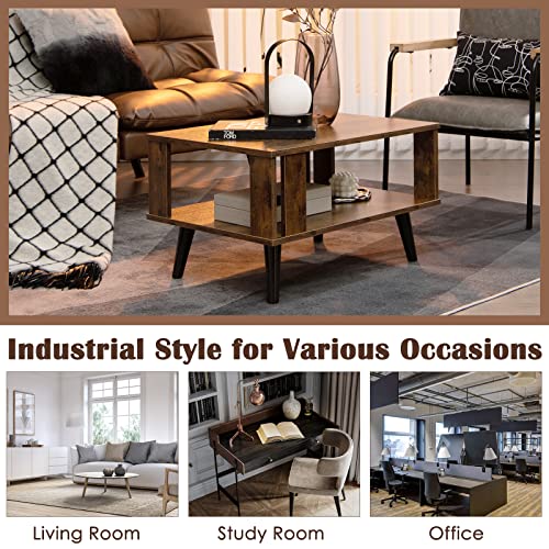 CASART 2-Tier Industrial Wooden Coffee Table with Storage Shelf & Side Baffles