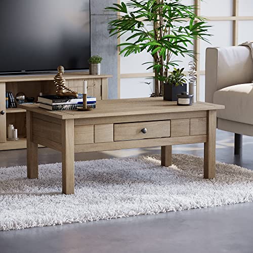 Rustic Oak Wood Coffee Table with Drawer, Natural Finish
