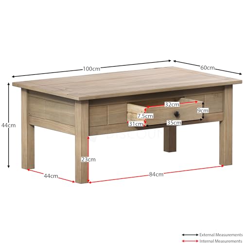 Rustic Oak Wood Coffee Table with Drawer, Natural Finish