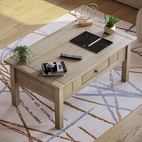 Rustic Oak Wood Coffee Table with Drawer, Natural Finish