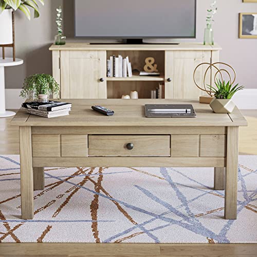 Rustic Oak Wood Coffee Table with Drawer, Natural Finish