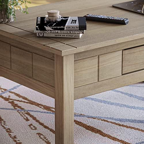 Rustic Oak Wood Coffee Table with Drawer, Natural Finish