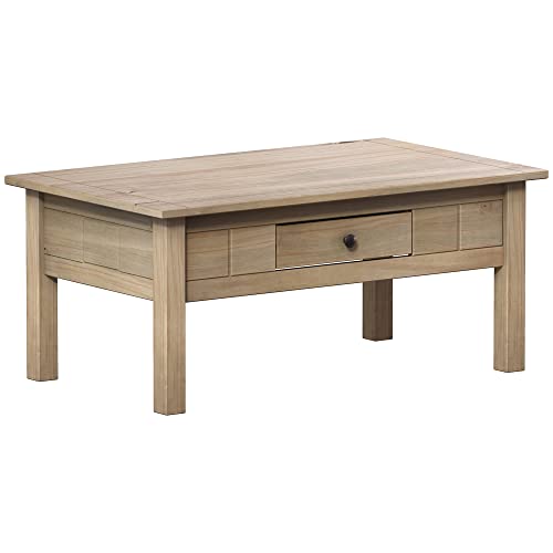 Rustic Oak Wood Coffee Table with Drawer, Natural Finish