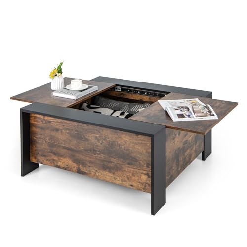 CASART Square Coffee Table, Wooden Snack Tea Table with Sliding Top & Large Hidden Storage, Accent Cocktail Table Center Table for Living Room Bedroom Office (Black+Rustic Brown)
