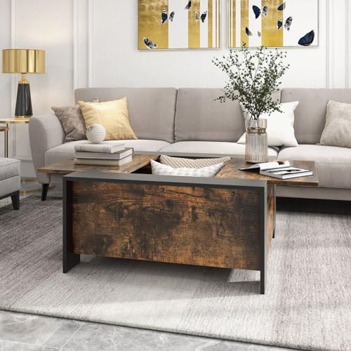 CASART Square Coffee Table, Wooden Snack Tea Table with Sliding Top & Large Hidden Storage, Accent Cocktail Table Center Table for Living Room Bedroom Office (Black+Rustic Brown)