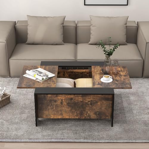 CASART Square Coffee Table, Wooden Snack Tea Table with Sliding Top & Large Hidden Storage, Accent Cocktail Table Center Table for Living Room Bedroom Office (Black+Rustic Brown)