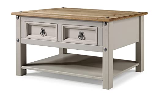 Corona Grey Wax Coffee Table with 2 Drawers & Shelf