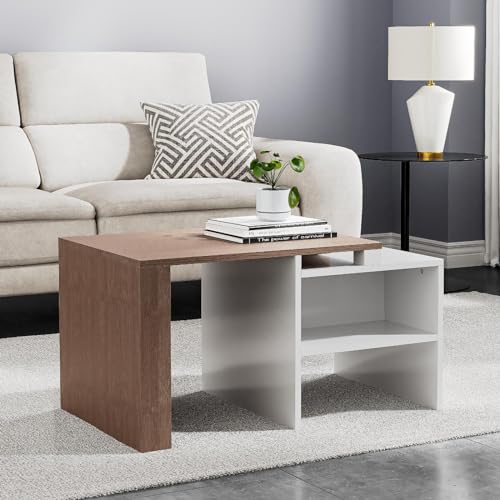 GOLDFAN Industrial Coffee Table Vintage Wooden and Metal Living Room Coffee Table with Storage Shelf Accent Furniture (White and Rustic Brown)