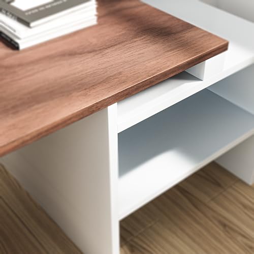 GOLDFAN Industrial Coffee Table Vintage Wooden and Metal Living Room Coffee Table with Storage Shelf Accent Furniture (White and Rustic Brown)