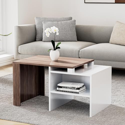 GOLDFAN Industrial Coffee Table Vintage Wooden and Metal Living Room Coffee Table with Storage Shelf Accent Furniture (White and Rustic Brown)