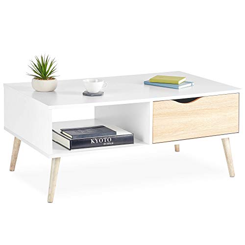 VonHaus White Coffee Table with Storage - Light Oak Effect Tea Table - Living Room Table with Storage Drawer & Open Shelving - Centre Table with Tapered Legs - Low Table for Living Room & Lounge