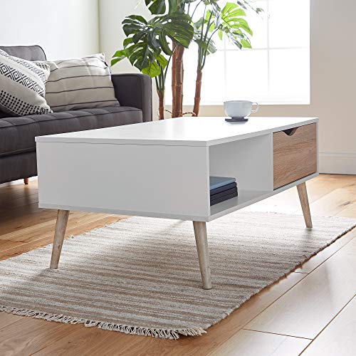 VonHaus White Coffee Table with Storage - Light Oak Effect Tea Table - Living Room Table with Storage Drawer & Open Shelving - Centre Table with Tapered Legs - Low Table for Living Room & Lounge