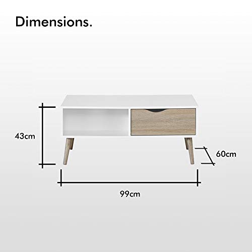 VonHaus White Coffee Table with Storage - Light Oak Effect Tea Table - Living Room Table with Storage Drawer & Open Shelving - Centre Table with Tapered Legs - Low Table for Living Room & Lounge