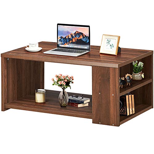 COSTWAY Coffee Table, Wooden Cocktail Center Table with Storage Shelf and 2 Side Compartments, Rectangle Accent Sofa Side Tea Table for Living Room, Bedroom and Office (Walnut)