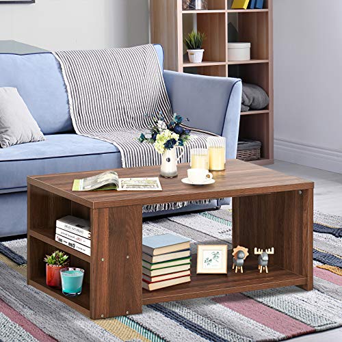 COSTWAY Coffee Table, Wooden Cocktail Center Table with Storage Shelf and 2 Side Compartments, Rectangle Accent Sofa Side Tea Table for Living Room, Bedroom and Office (Walnut)