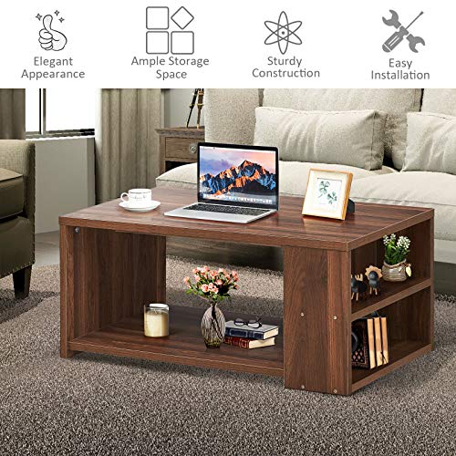 COSTWAY Coffee Table, Wooden Cocktail Center Table with Storage Shelf and 2 Side Compartments, Rectangle Accent Sofa Side Tea Table for Living Room, Bedroom and Office (Walnut)