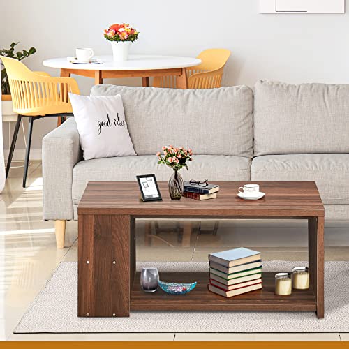 COSTWAY Coffee Table, Wooden Cocktail Center Table with Storage Shelf and 2 Side Compartments, Rectangle Accent Sofa Side Tea Table for Living Room, Bedroom and Office (Walnut)
