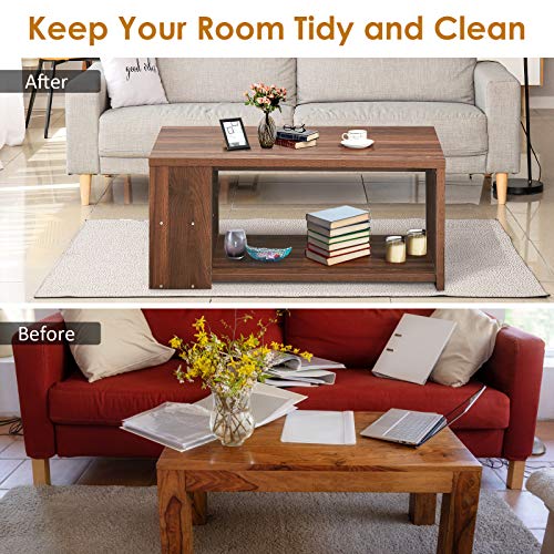 COSTWAY Coffee Table, Wooden Cocktail Center Table with Storage Shelf and 2 Side Compartments, Rectangle Accent Sofa Side Tea Table for Living Room, Bedroom and Office (Walnut)