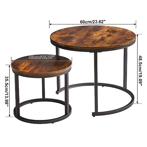 IBUYKE Round Nesting Table, Removable Set of 2 Coffee Tables, Stacking Sofa Side Table End Table, for Living Room, Bedroom, Office, Balcony, Apartment, Rustic Brown TMJ062H