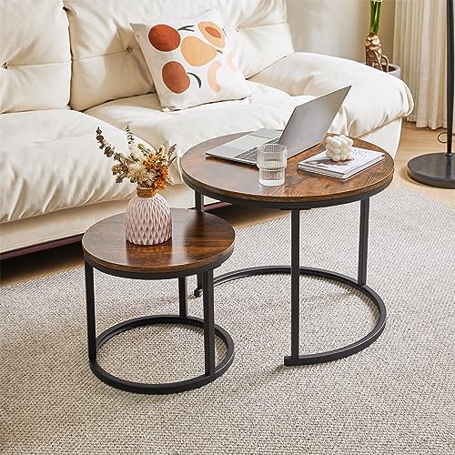 IBUYKE Round Nesting Table, Removable Set of 2 Coffee Tables, Stacking Sofa Side Table End Table, for Living Room, Bedroom, Office, Balcony, Apartment, Rustic Brown TMJ062H