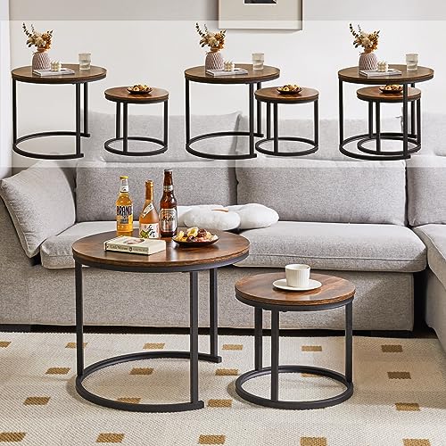 IBUYKE Round Nesting Table, Removable Set of 2 Coffee Tables, Stacking Sofa Side Table End Table, for Living Room, Bedroom, Office, Balcony, Apartment, Rustic Brown TMJ062H