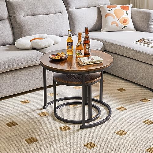 IBUYKE Round Nesting Table, Removable Set of 2 Coffee Tables, Stacking Sofa Side Table End Table, for Living Room, Bedroom, Office, Balcony, Apartment, Rustic Brown TMJ062H