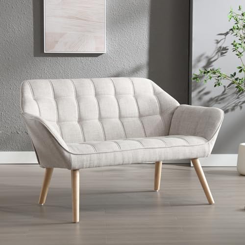 Wahson Linen 2 Seater Sofa Modern Upholstered Couch with Solid Wood Legs, Comfortable Padded Loveseat Sofa for Living Room/Bedroom, Beige