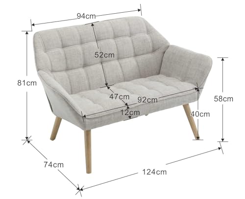 Wahson Linen 2 Seater Sofa Modern Upholstered Couch with Solid Wood Legs, Comfortable Padded Loveseat Sofa for Living Room/Bedroom, Beige