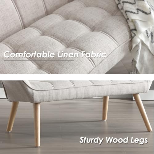 Wahson Linen 2 Seater Sofa Modern Upholstered Couch with Solid Wood Legs, Comfortable Padded Loveseat Sofa for Living Room/Bedroom, Beige