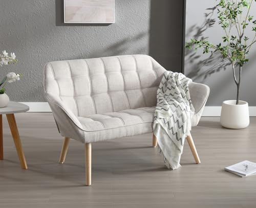 Wahson Linen 2 Seater Sofa Modern Upholstered Couch with Solid Wood Legs, Comfortable Padded Loveseat Sofa for Living Room/Bedroom, Beige